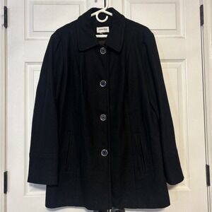 90's Vintage Black Wool Blend Pea Coat St John's Bay Gold Buttons Winter Classy